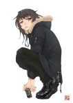  1girl black_boots black_hair black_pants boots brown_eyes canned_coffee cigarette english from_side full_body fur_trim highres hood hooded_jacket jacket mouth_hold okiru original pants simple_background solo squatting squinting white_background 
