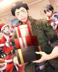  3boys akuno_hideo blush brown_hair closed_eyes confetti food frame_(idolmaster) gift grin hat idolmaster idolmaster_side-m jacket kimura_ryuu male_focus military military_uniform multiple_boys open_clothes open_jacket party_popper red_eyes santa_costume santa_hat sharp_teeth shingen_seiji shiron_(shiro_n) short_hair smile table teeth uniform 