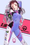  1girl 2016 :q a_mi_(milu904371339) aiming_at_viewer arm_behind_head arm_up bangs beads blush bodysuit breasts brown_eyes brown_hair bunny_print character_name charging copyright_name covered_navel d.va_(overwatch) dated facial_mark gloves glowing gun handgun head_tilt headphones highres holding holding_gun holding_weapon legs_apart long_hair looking_at_viewer medium_breasts outline outstretched_hand overwatch pauldrons pilot_suit red_eyes skin_tight solo standing sticker tongue tongue_out turtleneck weapon whisker_markings white_gloves 