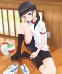  1girl black_hair black_legwear black_shorts blue_eyes blush closed_mouth electric_socket gym_uniform hand_on_own_knee head_tilt highres kneehighs okiru original shirt shoes shoes_removed short_sleeves shorts sitting smile sneakers solo spread_legs twintails volleyball white_shirt window wooden_wall 