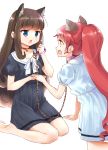  2girls all_fours animal_ears bell bell_collar black_dress blue_dress blue_eyes blush brown_eyes brown_hair chain collar collarbone dress hands_together highres holding kurosu_aroma leash long_hair looking_at_another multiple_girls okiru open_mouth ponytail pripara puffy_short_sleeves puffy_sleeves redhead shiratama_mikan short_sleeves sideways_mouth simple_background sitting sketch wariza white_background 