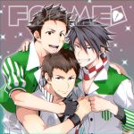  3boys akuno_hideo arm_around_shoulder bandaid bandaid_on_face blue_eyes brown_hair chromatic_aberration eihire fist_bump frame_(idolmaster) gloves half_gloves idolmaster idolmaster_side-m kimura_ryuu looking_at_viewer male_focus multiple_boys open_mouth red_eyes sharp_teeth shingen_seiji smile teeth violet_eyes wristband yellow_eyes 