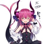 1girl absurdres asymmetrical_horns bespectacled blush claws closed_eyes corset detached_sleeves doyagao dragon_horns dragon_tail dress fang fate/extra fate/extra_ccc fate/grand_order fate_(series) flat_chest frilled_sleeves frills glasses hair_ribbon hand_on_glasses hand_on_hip highres horns kou_mashiro lancer_(fate/extra_ccc) long_hair open_mouth pink_hair plaid plaid_skirt pointy_ears purple-framed_eyewear ribbon simple_background skirt solo sparkle split_tail tail tail_raised two_side_up white_background