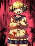  1girl blonde_hair blood blood_stain bloody_clothes bloody_weapon boku_no_hero_academia boxcutter kenron_toqueen looking_at_viewer open_mouth sailor_collar school_uniform skirt solo toga_himiko tongue tongue_out weapon 