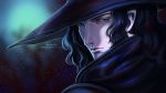  1boy artist_name ayya_saparniyazova black_eyes black_hair coat d_(vampire_hunter_d) face from_behind frown hat highres light_particles long_hair looking_back male_focus signature solo vampire_hunter_d watermark web_address witch_hat 