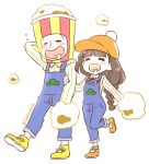  1boy 1girl =_= ^_^ arm_at_side arm_behind_head arm_holding arm_up bangs black_hair blue_ribbon blush_stickers braid closed_eyes collared_shirt cross-laced_footwear flying_sweatdrops freckles full_body hand_on_another&#039;s_arm happy hat heart heart_in_mouth juushimatsu&#039;s_girlfriend kozakura_(i_s_15) laughing leg_lift long_hair long_sleeves matching_outfit matsuno_juushimatsu neck_ribbon orange_hat orange_shoes osomatsu-kun osomatsu-san overalls pants pants_rolled_up pom_pom_(clothes) pom_poms popcorn ribbon shirt shoes simple_background single_braid sneakers standing standing_on_one_leg striped twitter_username white_background yellow_shoes 
