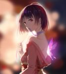  1girl aiko_(kanl) backlighting bangs bare_shoulders blue_ribbon blurry bob_cut bokeh breasts butterfly_wings choker chromatic_aberration depth_of_field eyelashes from_side glowing glowing_wings holding japanese_clothes kimono koutetsujou_no_kabaneri long_sleeves looking_at_viewer looking_to_the_side medium_breasts mouth_hold mumei_(kabaneri) obi off_shoulder purple_hair purple_wings red_eyes ribbon ribbon_choker sash shade short_hair solo transparent_wings untying upper_body wings 
