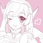  1girl ;) atobesakunolove bodysuit d.va_(overwatch) facial_mark gloves headphones heart heart_hands limited_palette long_hair one_eye_closed overwatch pilot_suit pink_background pink_eyes simple_background smile solo spot_color traditional_media turtleneck whisker_markings white_gloves 