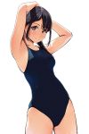  1girl armpits arms_up bare_arms bare_shoulders black_hair black_swimsuit blush closed_mouth competition_school_swimsuit contrapposto cowboy_shot grey_eyes hands_on_own_head highres looking_at_viewer matsunaga_kouyou new_school_swimsuit one-piece_swimsuit original school_swimsuit shiny shiny_skin short_hair simple_background skin_tight solo swimsuit white_background 