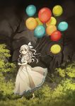  1girl balloon bare_tree barefoot blue_eyes blue_ribbon dress from_side full_body ghost grass grey_hair hair_ribbon highres looking_at_viewer nature one_side_up original plant puffy_short_sleeves puffy_sleeves radittz ribbon short_sleeves solo tree walking wavy_hair white_dress 