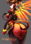  1girl alternate_costume ass bodysuit boots breasts brown_hair character_name covered_nipples cowboy_shot dark_persona demon_horns demon_tail devil_mercy facial_mark faulds forehead_mark gloves grey_background hand_on_own_chest horns huge_ass mechanical_wings medium_breasts mercy_(overwatch) overwatch ponytail red_eyes sevenann short_hair solo tail thigh-highs thigh_boots wings 