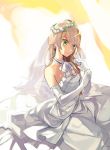  1girl blazblue blonde_hair choker commentary_request cowboy_shot dress elbow_gloves gloves green_eyes hyakuhachi_(over3) long_hair noel_vermillion ribbon_choker smile solo twitter_username veil wedding_dress white_dress white_gloves 