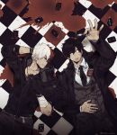  2boys arm_behind_head blood bloody_clothes boku_no_hero_academia card checkered checkered_background checkered_floor formal iida_tenya looking_at_another lying male_focus multicolored_hair multiple_boys on_back oneul_haru outstretched_arm playing_card suit todoroki_shouto twitter_username two-tone_hair 