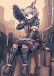  1girl animal_ears bag bird bird_on_arm black_eyes blurry boots bow_(weapon) canyon crossbow depth_of_field dress fang fantasy feathers gloves grey_hair hair_feathers looking_to_the_side noconol open_mouth satchel short_hair sitting sketch sky smile solo sunset tree_of_savior vambraces water waterfall weapon 