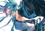  1girl aqua_hair armpits bare_shoulders belt colored_eyelashes detached_sleeves eyelashes fangs green_eyes green_hair happy hatsune_miku headset highres long_hair monq necktie open_mouth pleated_skirt simple_background skirt smile solo twintails very_long_hair vocaloid white_background 