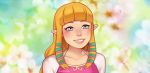  1girl artist_name bangs blonde_hair blue_eyes collarbone eunnieboo floral_background long_hair pointy_ears portrait princess_zelda sidelocks signature smile solo the_legend_of_zelda the_legend_of_zelda:_skyward_sword 