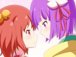  2girls bell blush bob_cut cato_(monocatienus) commentary eye_contact face-to-face flower forehead-to-forehead hair_bell hair_flower hair_ornament hair_ribbon hieda_no_akyuu incipient_kiss japanese_clothes kimono looking_at_another motoori_kosuzu multiple_girls purple_hair red_eyes redhead ribbon short_hair smile touhou two_side_up violet_eyes yuri 