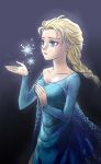  1girl blonde_hair blue_dress blue_eyes braid breasts cleavage collarbone disney dress elsa_(frozen) frozen_(disney) kenji_(kenji0926) lips medium_breasts single_braid snowflakes solo 