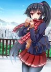  1girl :d asakura_kukuri bag black_hair black_legwear cityscape jacket kantai_collection long_hair looking_at_viewer open_mouth pantyhose plaid plaid_scarf pleated_skirt ponytail railing red_eyes scarf scrunchie shoulder_bag skirt smile solo sweater yahagi_(kantai_collection) 