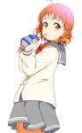  1girl braid drinking from_side highres icehotmilktea love_live! love_live!_sunshine!! milk_carton orange_hair red_eyes school_uniform serafuku short_hair sipping solo takami_chika 