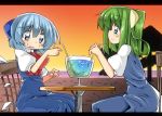  2girls ase_(nigesapo) beach blue_eyes blue_hair blush bow chair cirno commentary d: daiyousei dating dress drink fairy_wings green_hair hair_bow heart ice ice_wings letterboxed long_dress low_wings multiple_girls open_mouth pointing puffy_short_sleeves puffy_sleeves seaside shared_straw short_hair short_sleeves side_ponytail sitting smile sweatdrop table touhou wings yuri 