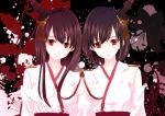  2girls black_hair breasts detached_sleeves epaulettes floral_background frown fusou_(kantai_collection) hair_ornament kantai_collection large_breasts long_hair looking_at_viewer multiple_girls nontraditional_miko red_eyes ringo_apple short_hair smile yamashiro_(kantai_collection) 
