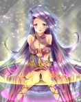  1girl ahoge bare_shoulders between_legs blackdeeno blush breasts commentary_request cross-laced_footwear dress eschamali_(p&amp;d) hair_ornament hairclip hand_between_legs large_breasts long_hair looking_at_viewer open_mouth petals purple_hair puzzle_&amp;_dragons sitting solo sparkle v_arms very_long_hair violet_eyes 