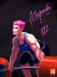  1girl bike_shorts eyebrows highres ioruko knee_pads lips muscle muscular_female overwatch pink_hair scar short_hair solo squatting tank_top weightlifting weights zarya_(overwatch) 