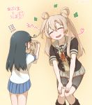  2girls abukuma_(kantai_collection) ahoge black_hair blonde_hair blush buttons closed_eyes commentary_request eyebrows eyebrows_visible_through_hair giorgio_claes hair_between_eyes hair_rings hand_on_own_knee hands_on_own_knees heart highres kantai_collection long_hair multiple_girls open_mouth pleated_skirt remodel_(kantai_collection) school_uniform serafuku shorts_under_skirt skirt smile translated twitter_username ushio_(kantai_collection) v_arms 