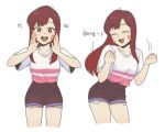  1girl brown_eyes brown_hair brown_shorts casual clenched_hands collarbone cropped_legs croquis2 d.va_(overwatch) eyebrows eyebrows_visible_through_hair facepaint facial_mark hands_on_own_face korean long_hair looking_at_viewer open_mouth overwatch shirt short_sleeves shorts shouting simple_background smile solo translated whisker_markings white_background 