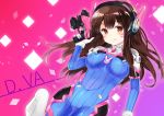  1girl :q absurdres bangs bodysuit breasts brown_eyes brown_hair covered_navel covered_nipples cowboy_shot d.va_(overwatch) facial_mark gloves gradient gradient_background gun headphones highres licking_lips liechi long_hair looking_at_viewer medium_breasts overwatch pilot_suit purple_background skin_tight smile solo swept_bangs tongue tongue_out trigger_discipline weapon whisker_markings white_gloves 