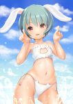  1girl animal_ears bikini bra cat_lingerie character_request clouds fang green_hair highres lolihorn navel open_mouth outdoors panties pointing rabbit_ears red_eyes short_hair side-tie_panties sky smile solo swimsuit underwear wading water white_bra white_panties 