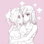  2girls atobesakunolove bare_shoulders breasts collarbone eye_of_horus facial_tattoo hat hug hug_from_behind mercy_(overwatch) monochrome multiple_girls nurse nurse_cap open_mouth overwatch pharah_(overwatch) pink_background ponytail puffy_short_sleeves puffy_sleeves sarashi shirt short_hair short_sleeves side_braids simple_background tattoo traditional_media upper_body wings 