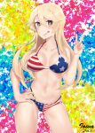  1girl absurdres american_flag_bikini bikini blonde_hair blue_eyes breasts flag_print highres iowa_(kantai_collection) jan_(kmw808) kantai_collection large_breasts solo standing star star-shaped_pupils swimsuit symbol-shaped_pupils tongue tongue_out v 