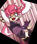  1girl anakochan arm_up bangs bike_shorts black_shorts collared_shirt crazy_eyes crazy_smile domino_mask fangs hair_ornament highres holding holding_weapon inkling long_hair long_sleeves looking_at_viewer mask motion_blur motion_lines open_mouth pink_eyes pink_hair point_sensor_(splatoon) pointy_ears shirt shorts smile solo splatoon sploosh-o-matic_(splatoon) tentacle_hair vest weapon 