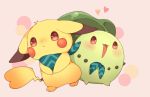  :3 :| blush chikorita circle closed_mouth clothed_pokemon full_body fushigi_no_dungeon heart hiro_(14806390) looking_at_viewer no_humans own_hands_together pikachu pink_background pokemon pokemon_(creature) pokemon_(game) pokemon_fushigi_no_dungeon red_eyes scarf v_arms 