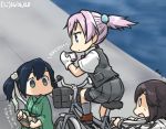  3girls bicycle bicycle_basket blank_eyes blouse blue_eyes blue_hair brown_hair cellphone commentary dated empty_eyes gloves green_eyes ground_vehicle hair_bobbles hair_ornament hair_ribbon hamu_koutarou hayasui_(kantai_collection) headband jacket japanese_clothes kantai_collection kimono multiple_girls neck_ribbon phone pleated_skirt ponytail purple_hair red_ribbon ribbon riding shiranui_(kantai_collection) short_hair short_ponytail skirt smartphone solid_oval_eyes souryuu_(kantai_collection) track_jacket translated twintails vest white_blouse white_gloves 