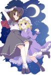  2girls :d aoi_(annbi) belt blonde_hair boots bow brown_eyes brown_hair capelet crescent_moon dress full_body hair_bow hat hat_bow highres long_sleeves maribel_hearn mob_cap moon multiple_girls open_mouth purple_dress shirt shoes short_hair skirt smile socks touhou usami_renko violet_eyes 