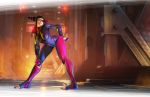  1girl absurdres barefoot black_hair bodysuit breasts capcom double_bun eyepatch fingerless_gloves gloves hair_bun han_juri highres leaning_forward nail_polish official_art smile solo street_fighter street_fighter_v toeless_legwear toenail_polish unzipped wallpaper 