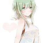  1girl 2016 arms_behind_back bare_shoulders blush character_name closed_mouth dated dress eyebrows eyebrows_visible_through_hair floral_print green_eyes green_hair gumi hair_between_eyes heart hiro_(hirohiro31) looking_at_viewer short_hair simple_background sleeveless sleeveless_dress smile solo sundress tareme upper_body vocaloid white_background 