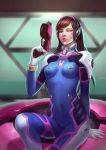  1girl ;) arm_at_side armor bangs bodysuit boots bracer breasts brown_eyes brown_hair bunny_print d.va_(overwatch) facepaint facial_mark finger_on_trigger gloves gun headphones high_collar highres holding holding_gun holding_weapon lips lipstick long_hair long_sleeves looking_at_viewer makeup mecha medium_breasts meka_(overwatch) overwatch parted_bangs pauldrons pilot_suit pink_lips rabbit shoulder_pads skin_tight smile solo swept_bangs thigh_boots thighhighs turtleneck weapon whisker_markings white_boots white_gloves wink 