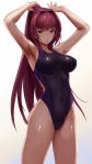  1girl adjusting_hair alternate_costume armpits arms_up bangs black_swimsuit blue_swimsuit breasts breasts_apart bunching_hair clenched_teeth competition_swimsuit covered_navel cowboy_shot fate/grand_order fate_(series) gradient gradient_background hair_intakes hair_tie highres hips impossible_clothes impossible_swimsuit jilllxlxl large_breasts legs_apart long_hair looking_at_viewer mouth_hold one-piece_swimsuit parted_lips purple_hair red_eyes scathach_(fate/grand_order) shade shiny shiny_clothes shiny_hair skin_tight solo standing swimsuit teeth thighs tying_hair very_long_hair wet wet_clothes wet_swimsuit 