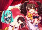  1boy 3girls ;d apron aqua_eyes aqua_hair backpack bag black_hair bow brown_hair character_request chibi copyright_request curtains detached_sleeves dress earrings gakkou_gurashi! hair_ornament hairband hairclip hat hatsune_miku headset heart-shaped_box highres jewelry kashuu_kiyomitsu mole mole_under_mouth multiple_girls necktie one_eye_closed open_mouth pillow_hat pink_eyes pink_hair pleated_skirt ponita ponytail red_eyes scarf school_uniform serafuku skirt sleeves_past_wrists smile takeya_yuki touken_ranbu twintails vocaloid winged_backpack yellow_eyes 