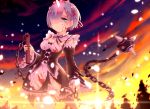  1girl blood blue_eyes blue_hair garter_straps hair_over_one_eye looking_at_viewer maid maid_headdress panties re:zero_kara_hajimeru_isekai_seikatsu rem_(re:zero) short_hair solo_focus thigh-highs torn_clothes underwear weapon yan_(nicknikg) 