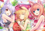  3girls :d animal_ears arm_behind_head bare_shoulders bed_sheet blonde_hair blue_eyes blush bow breasts camisole closed_eyes clover crop_top fang four-leaf_clover fox_ears fox_tail hair_ornament long_hair low_twintails lying medium_breasts midriff multiple_girls navel on_side one_eye_closed open_mouth original panties paw_print pillow red_eyes redhead sideboob silver_hair sleeping small_breasts smile striped striped_panties tail tank_top twintails u_rin underwear upper_body wristband yawning 