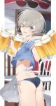  1girl alcohol alternate_costume apron ass beer beer_mug blue_eyes commentary_request cup eyebrows eyebrows_visible_through_hair hayashi_kewi highres kantai_collection looking_at_viewer looking_back md5_mismatch one_eye_closed open_mouth short_hair silver_hair solo z1_leberecht_maass_(kantai_collection) 