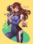  1girl arm_cannon armor bangs bodysuit breasts brown_eyes brown_hair bunny_print character_name charm_(object) covered_navel cowboy_shot d.va_(overwatch) facepaint facial_mark gatling_gun gloves gun handgun headphones high_collar highres holding holding_gun holding_weapon legs_apart lips long_hair mecha medium_breasts overwatch parted_lips pauldrons pilot_suit pink_lips rabbit shoulder_pads signature skin_tight solo thigh_strap turtleneck weapon whisker_markings white_gloves 