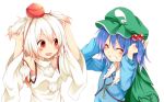  2girls :d animal_ears arms_up backpack bag blue_hair blush cabbie_hat chikuwa_savi closed_eyes detached_sleeves floppy_ears grin hair_bobbles hair_ornament hat holding_ears inubashiri_momiji kawashiro_nitori key long_sleeves multiple_girls open_mouth playing_with_own_hair pom_pom_(clothes) red_eyes smile teeth tokin_hat touhou two_side_up upper_body white_background white_hair wide_sleeves wolf_ears 