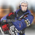  1boy bandolier battle_rifle facial_hair gloves gun jacket manly no_mask old_man overwatch rifle scar silver_hair soldier:_76_(overwatch) sollyz solo stubble watermark weapon web_address 