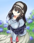 1girl black_hair blue_eyes book breasts flower gekato hairband highres hydrangea idolmaster idolmaster_cinderella_girls jewelry large_breasts long_hair long_sleeves looking_at_viewer pendant sagisawa_fumika shawl sketch skirt sky solo sweater